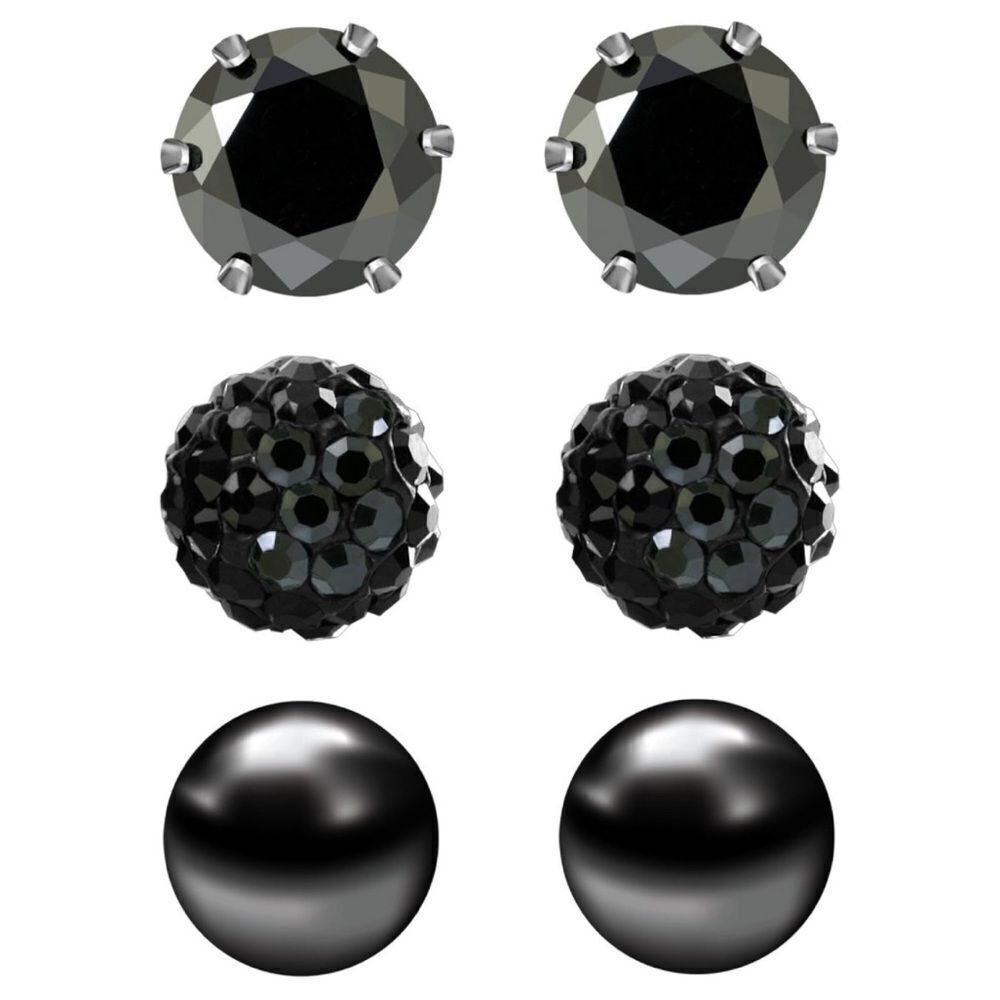 Black Onyx Cubic Zirconia and Pearl 316L Post Back Stud 3 Pair Earrings Set